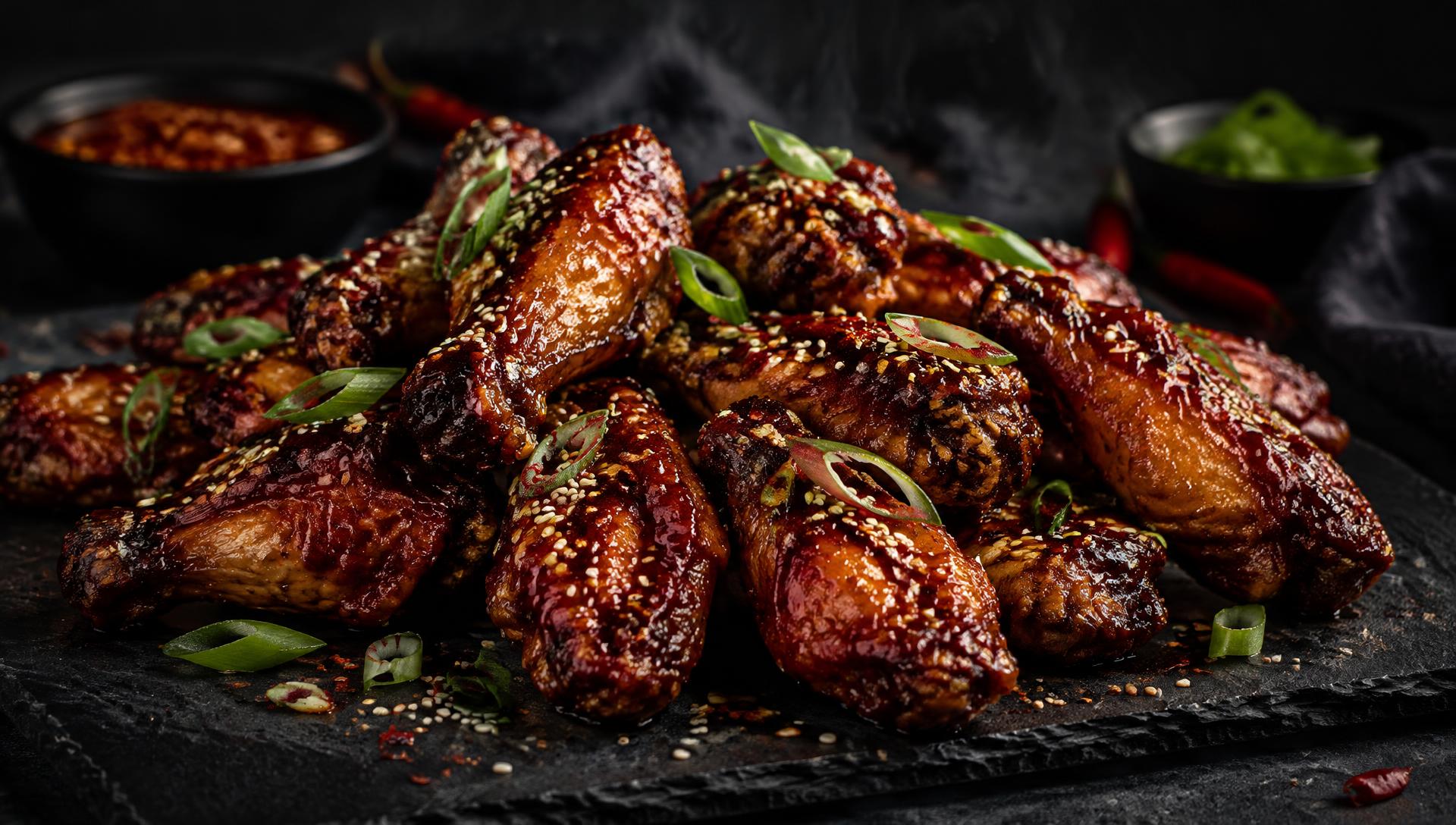 Glazed crispy chicken wings with sesame and spring onion