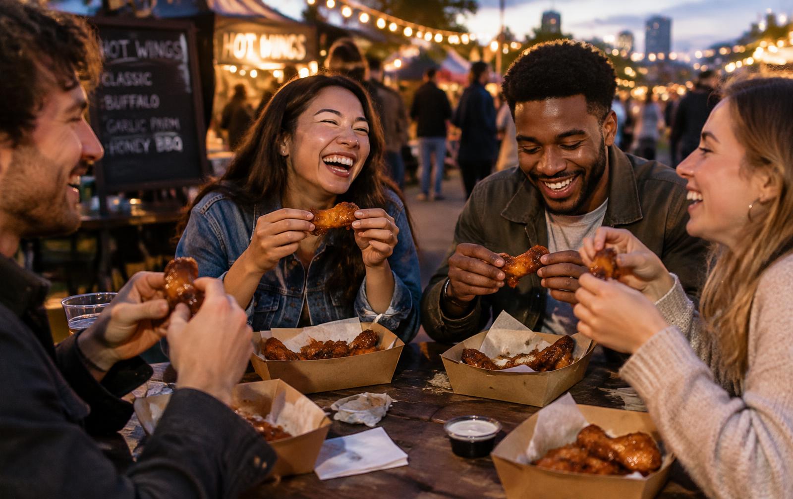 Friends enjoying wings at an evening street-food event